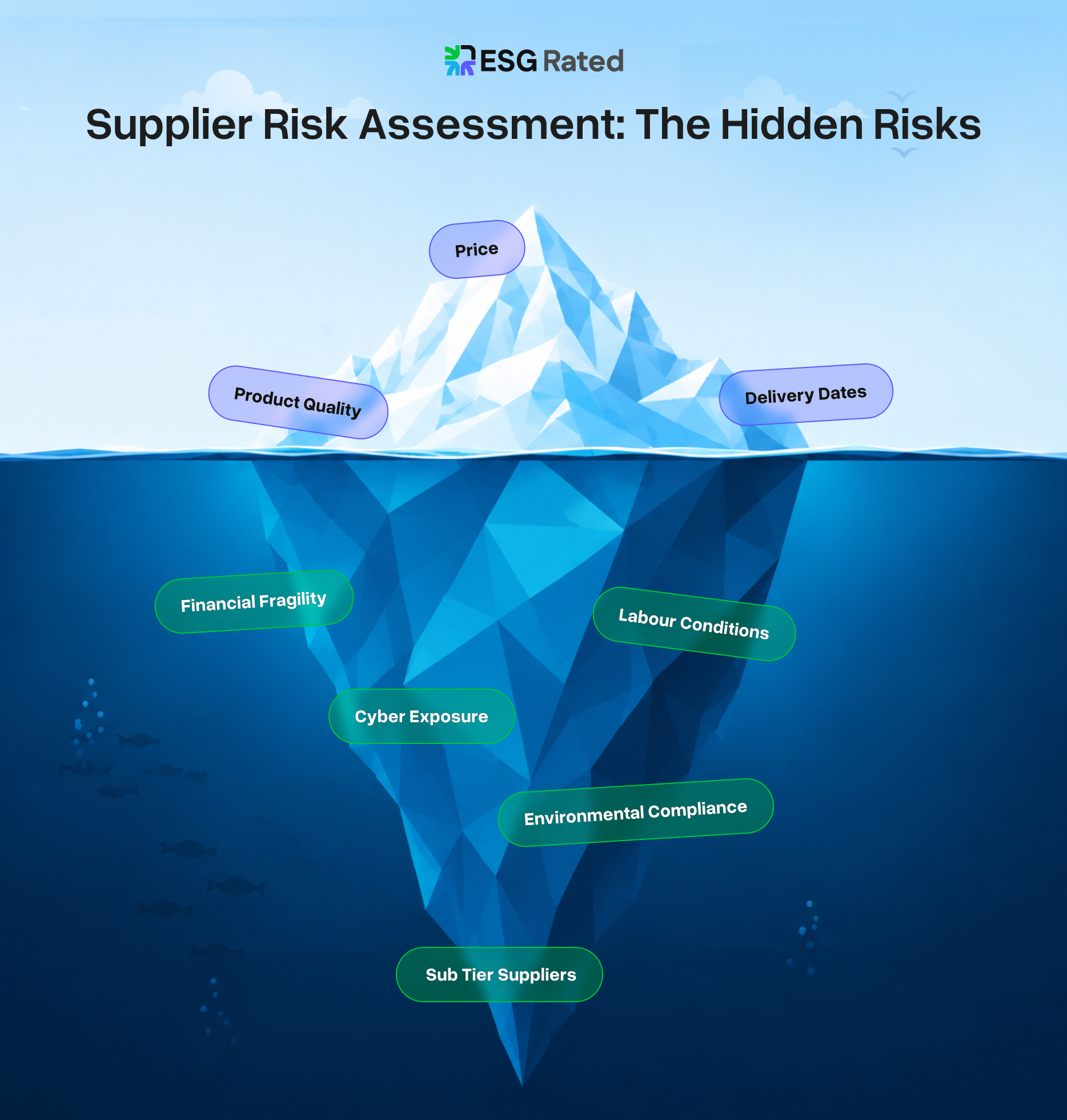 a "risk iceberg" graphic, showing the visible tip (price, delivery dates, product quality) above the waterline, and the much larger hidden mass below (labour conditions, environmental compliance, financial fragility, cyber exposure, sub-tier suppliers) that most procurement teams never see.